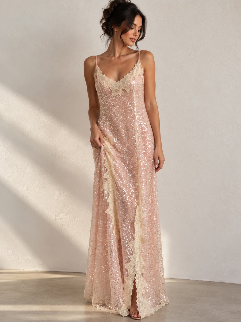 Anthropologie En Elly M Blush Pink Sequin Lace Maxi Slip Dress Romantic Bridal